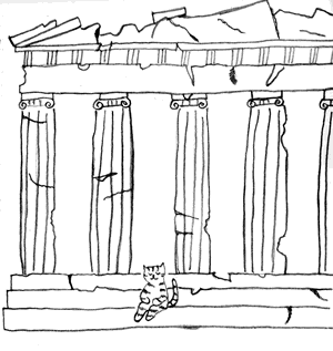 アクロポリスの神殿で一休みする「たび猫」